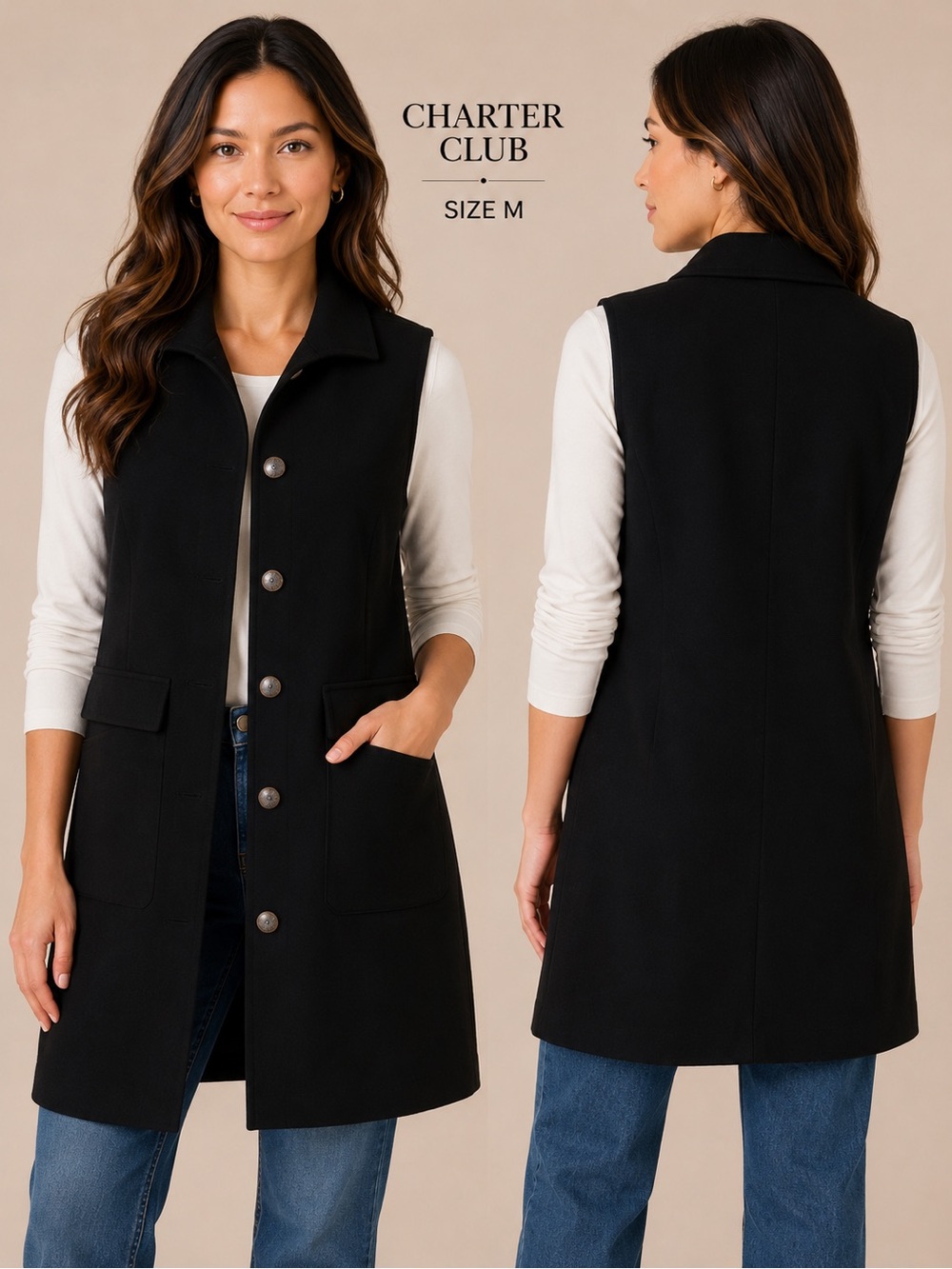 Charter Club Sleeveless Black Button Front Long Vest - Size M
